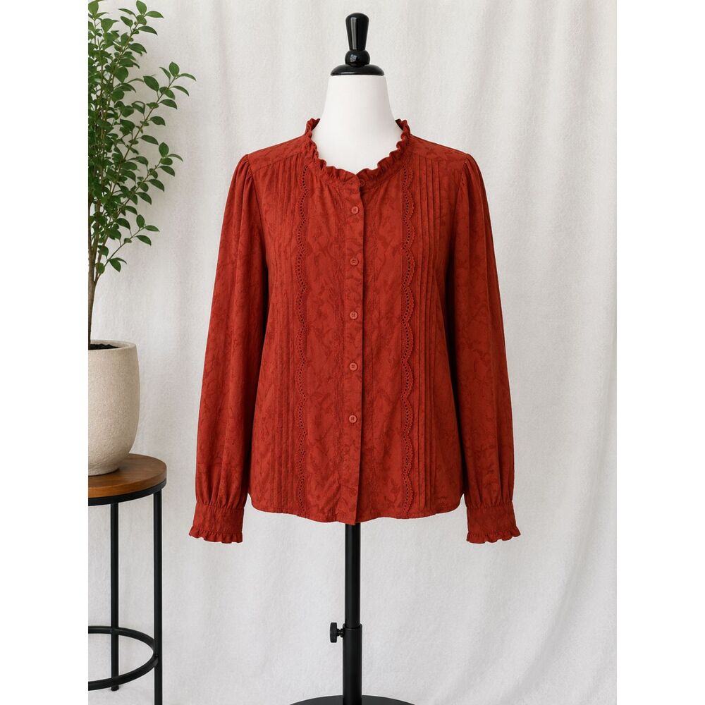 Calypso St. Barth Women’s Blouse L Rust Embroidered Lace Boho Button Front NWT
